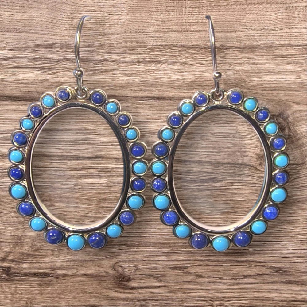 Sonora Beauty Turquoise, Lapis And Sterling Silver Dangle Hoop Earrings